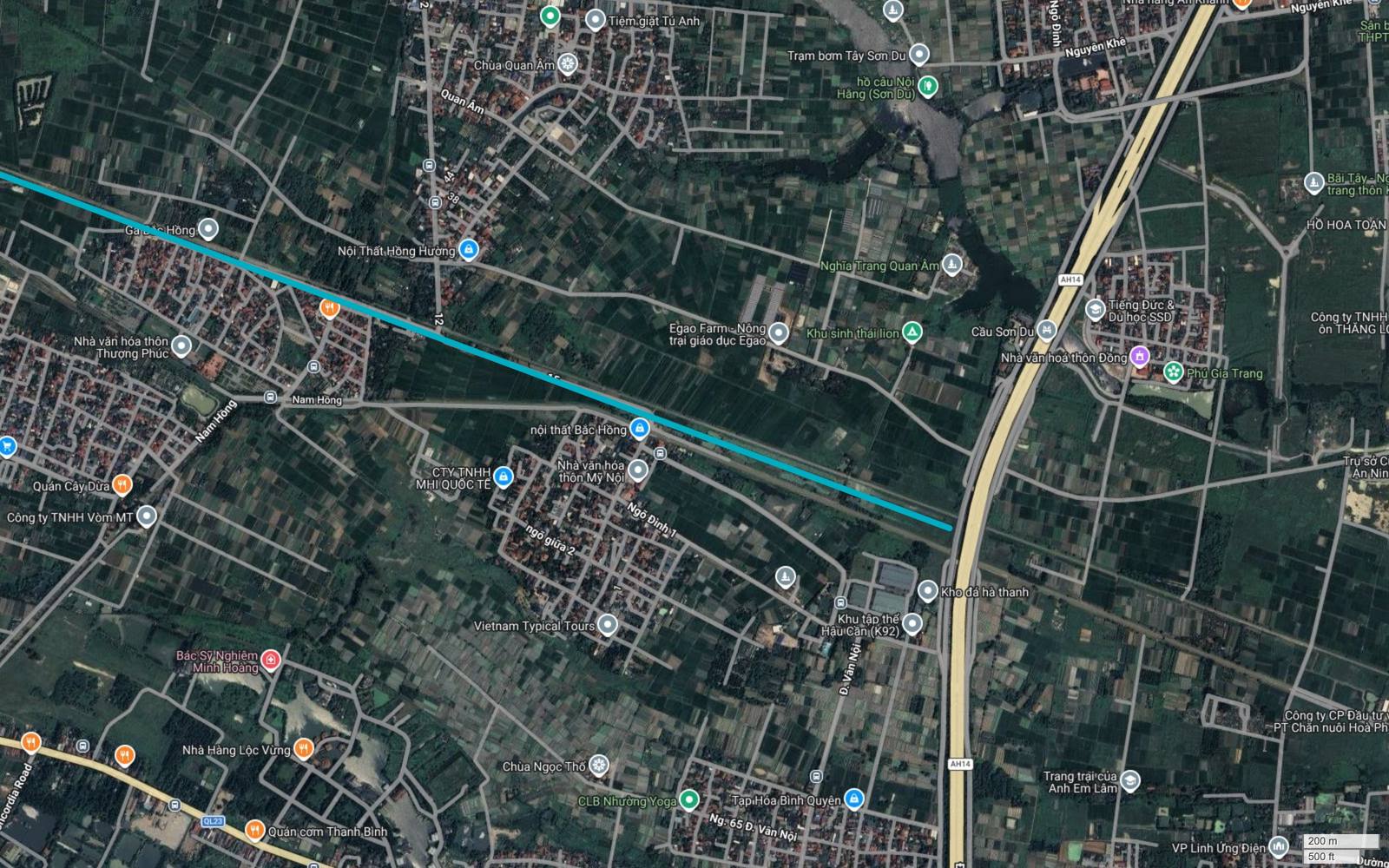 Điểm đầu tuyến metro số 6 Hà Nội tại Sơn Du, Nguyên Khê, Đông Anh với ruộng chia ô đều đặn hai bên tim tuyến, thuận lợi cho kết cấu cầu cạn