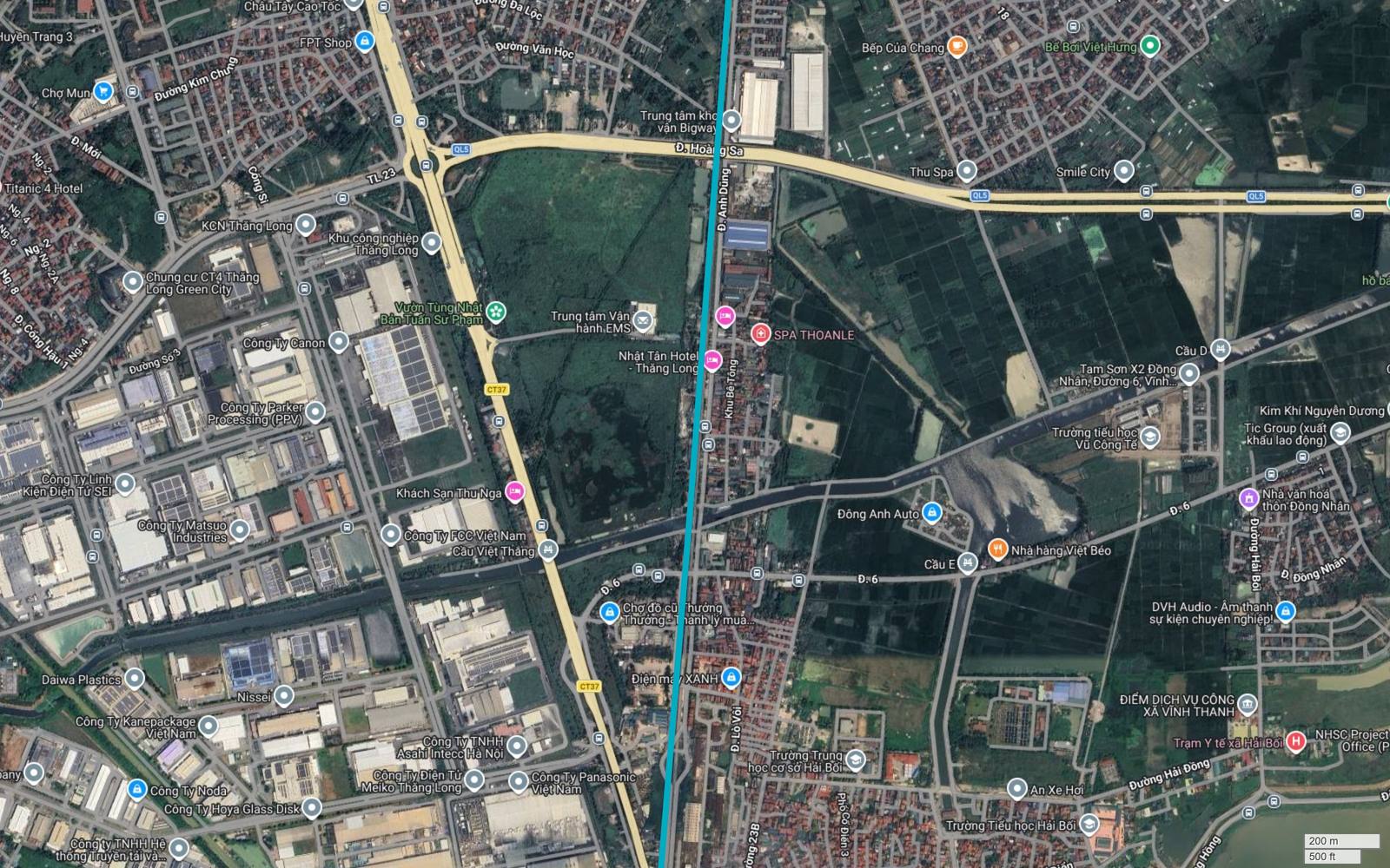 Bản đồ tuyến metro số 6 Hà Nội cắt Quốc lộ 5 kéo dài đường Hoàng Sa, chạy trên dải đất trống giữa Khu công nghiệp Thăng Long và các thôn Hải Bối
