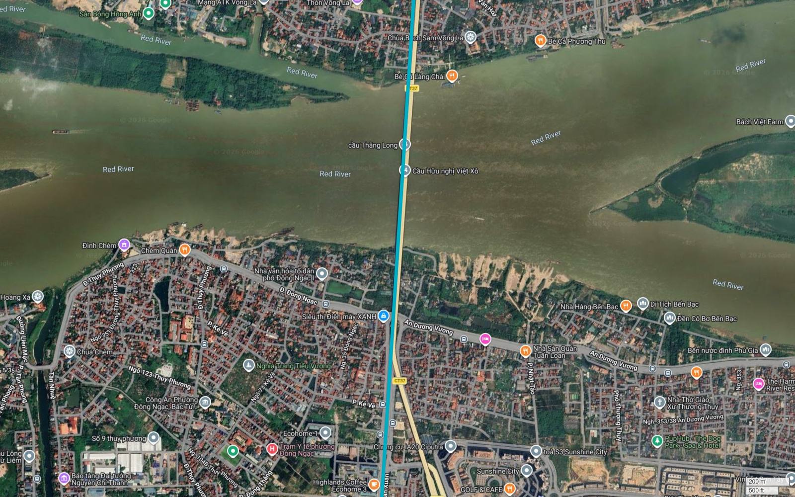 Bản đồ tuyến metro số 6 Hà Nội vượt sông Hồng bám sát trục cầu Thăng Long, tiếp đất tại Đông Ngạc gần Đình Chèm