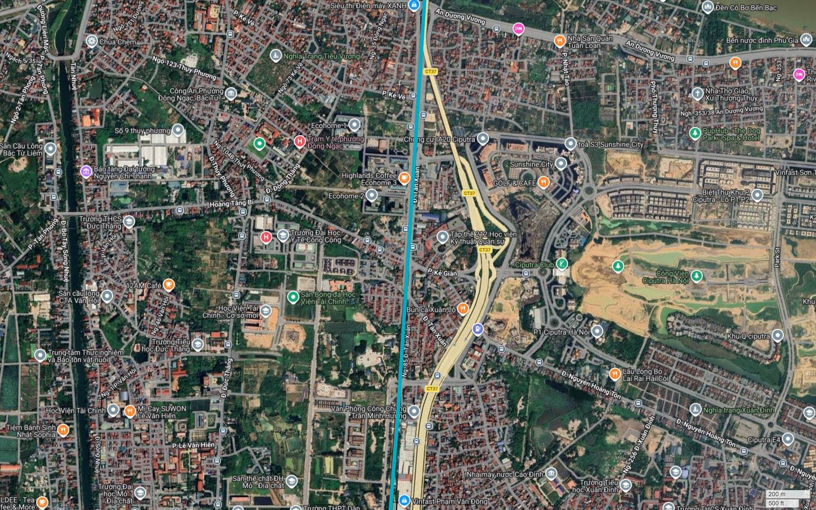 Tuyến metro số 6 Hà Nội chạy bên mép tây trục Phạm Văn Đồng, giữa cụm giảng đường Đức Thắng và khu đô thị Ciputra