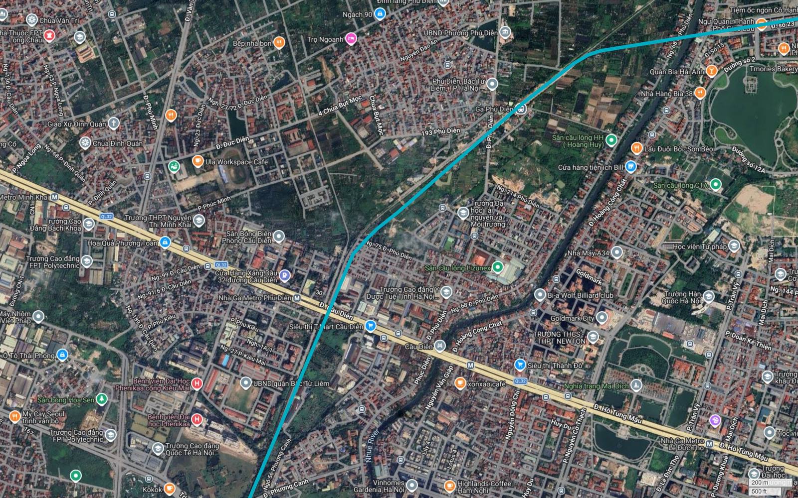 Bản đồ tuyến metro số 6 Hà Nội cắt Quốc lộ 32 cạnh Nhà Ga Metro Phú Diễn của tuyến số 3, khu vực đã có kết cấu đường sắt trên cao