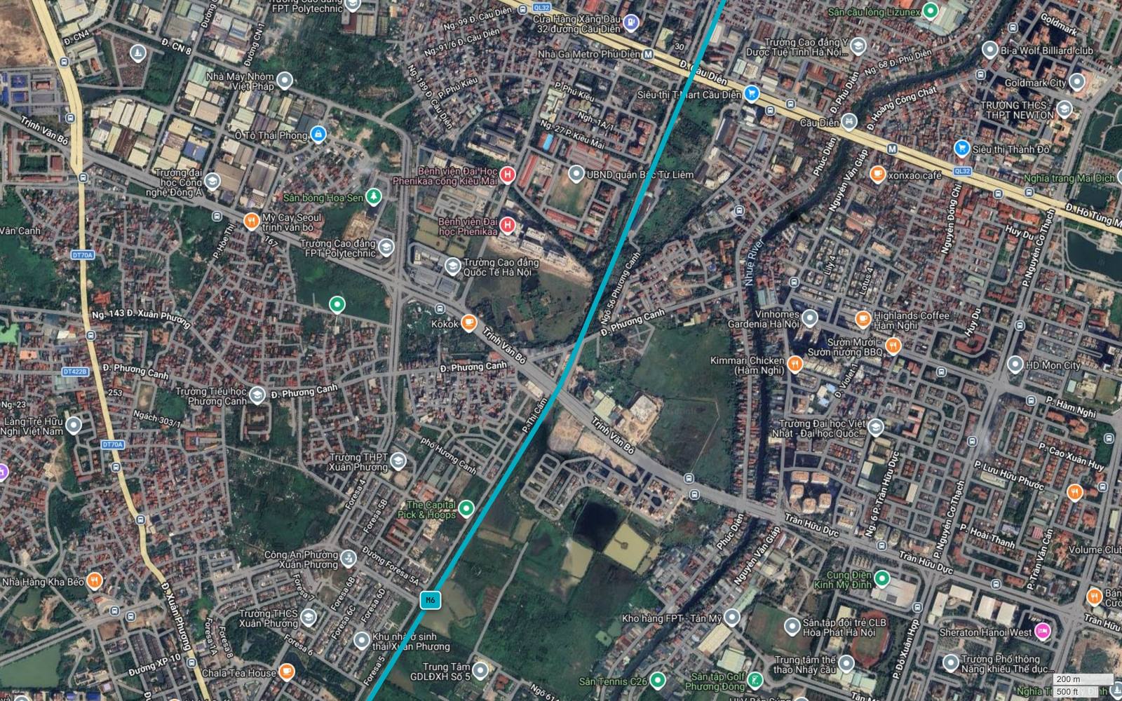 Tuyến metro số 6 Hà Nội xuyên khu Xuân Phương với nhiều thửa ruộng còn trống sát tim tuyến, nhãn M6 hiện trên tim tuyến