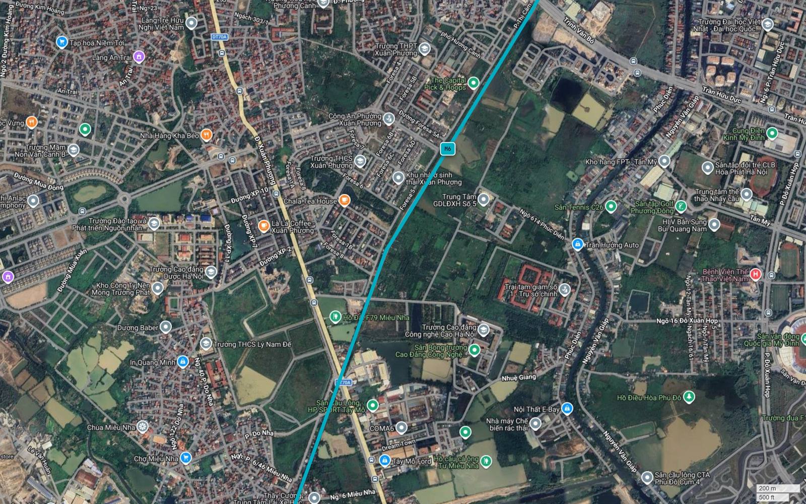 Bản đồ tuyến metro số 6 Hà Nội đi qua Miêu Nha và Nhuệ Giang, giữa ruộng, hồ điều hòa và nhà xưởng xen kẽ ở rìa nam Nam Từ Liêm