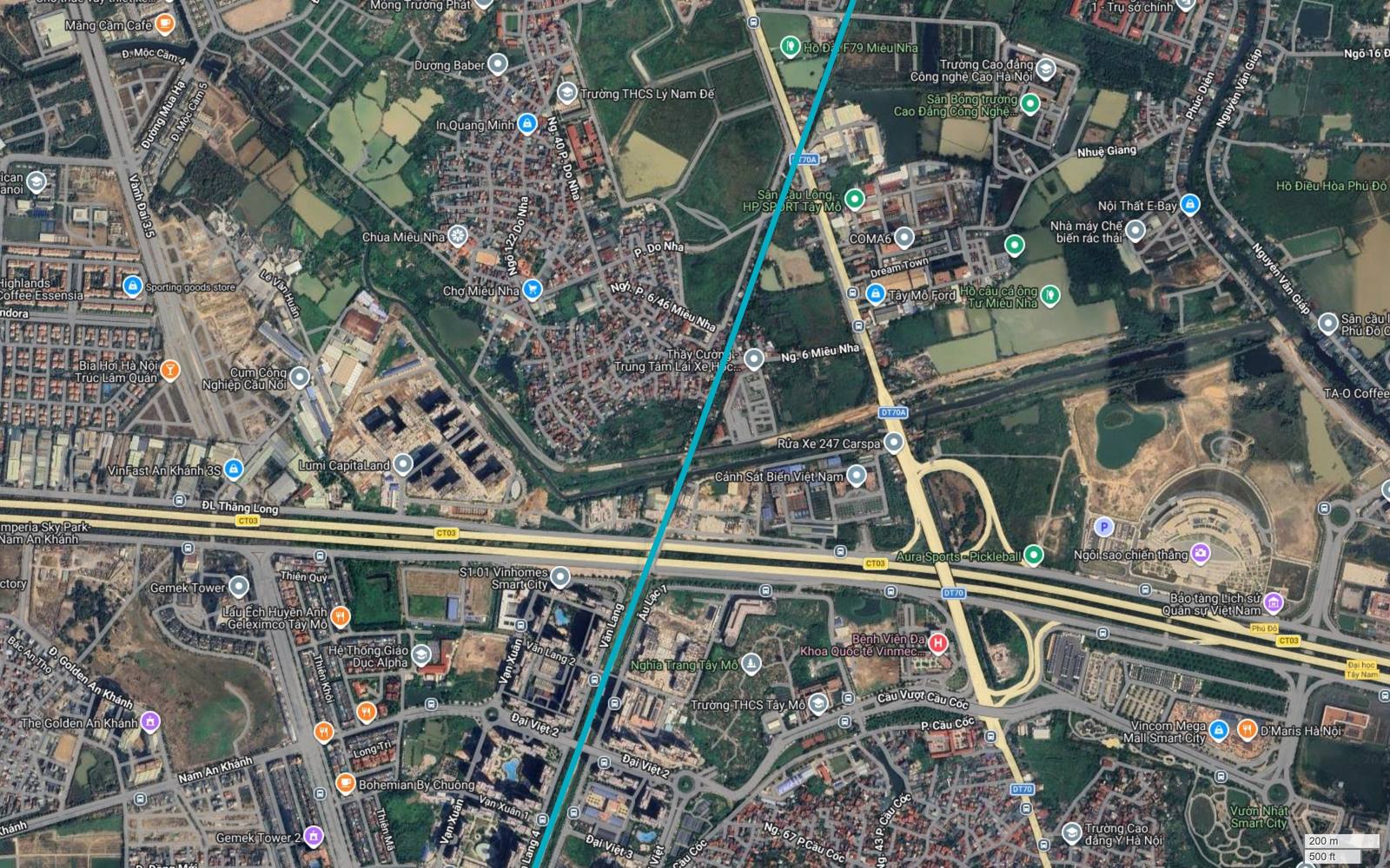 Tuyến metro số 6 Hà Nội cắt Đại lộ Thăng Long tại Tây Mỗ, giữa Vinhomes Smart City phía đông và Gemek Tower, The Golden An Khánh phía tây